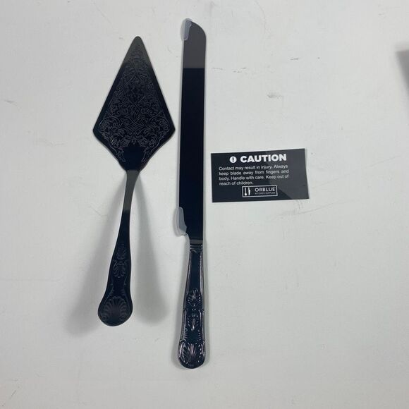 Orblue Black Cake Knife & Server Set Embossed Stainless Steel Gift Boxed NIB - Picture 4 of 9